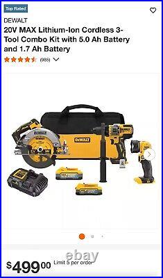 Dewalt 20V MAX Lithium-Ion Cordless 3-Tool Combo Kit with 5.0 Ah Battery